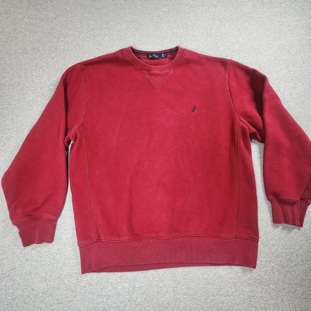 Nautica Sweatshirt Mens Medium Red Good Crewneck J-Class Logo Fleece Pullover